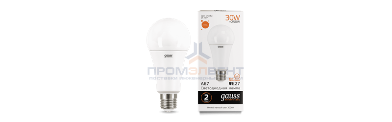 Лампа Gauss Elementary A67 30W 2320lm 3000K E27 LED 1/10/50